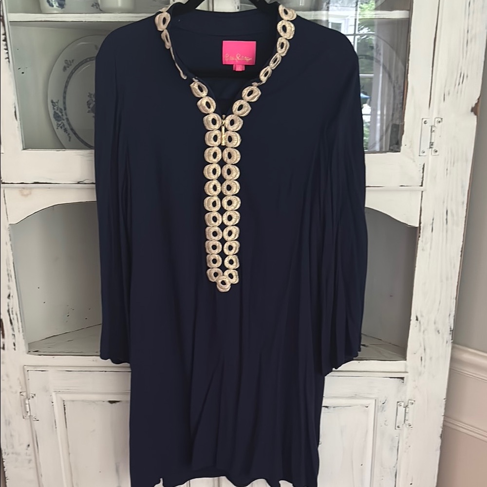 Lilly Pulitzer Blue and Gold Embellished Tunic Dress